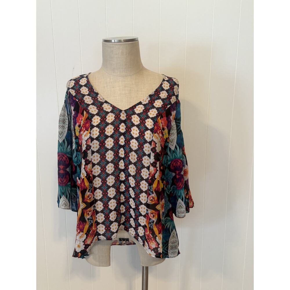 Nicole by Nicole Miller Blouse Womens Large Multicolor Sheer Floral Boho Top - Picture 9 of 10